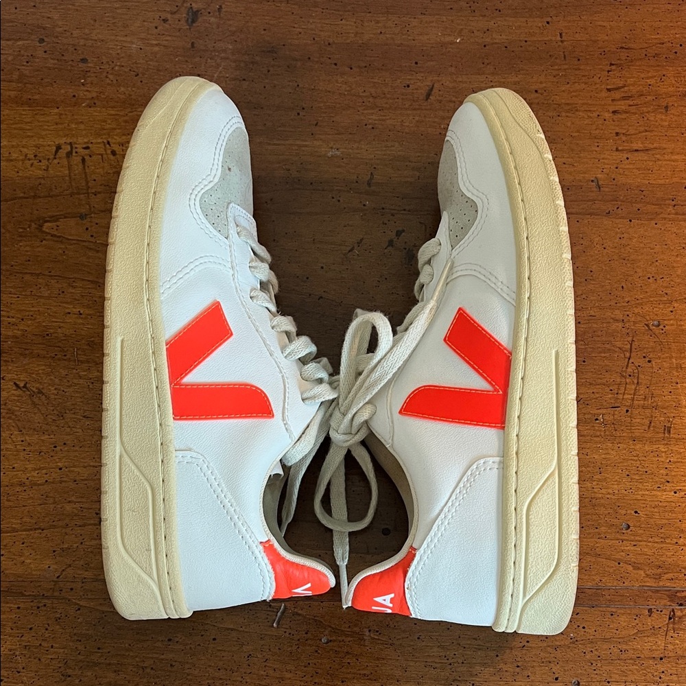 Veja White Sneakers with Orange V Accents Unisex